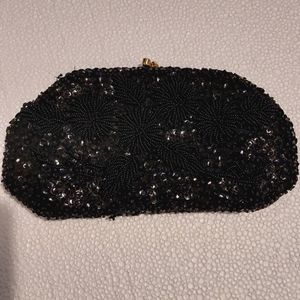 Vintage Gimbels Own Gabrielle Beaded Black Clutch w/ Floral Pattern